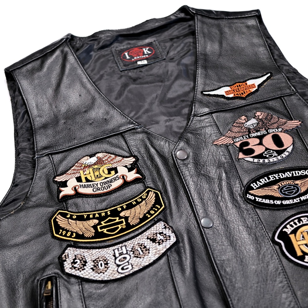 IK LEATHER Men's 48 Harley Davidson Lined Leather Motorcycle Biker Vest Patches